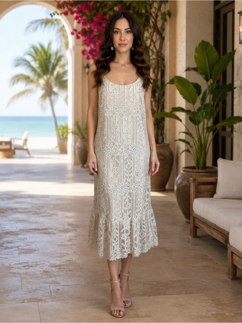 Anthropologie Eri + Ari cream gray lace midi dress size LG thin straps spandex
